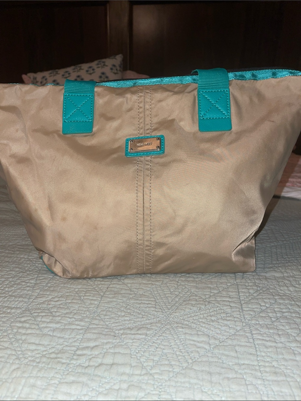 Nine West Beige Tote with Teal Accents